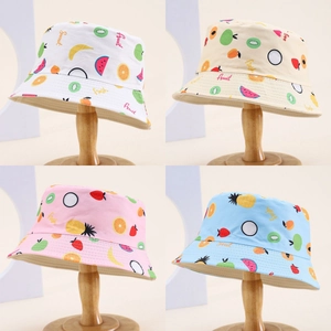 Kids Bucket Hat Polyester Fruit Print Summer Beach Sun Protection Wide Brim Outdoor Girls Boys
