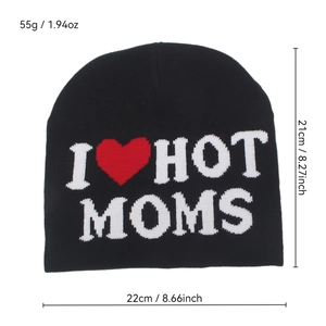 Hip hop style knitted beanie with I Heart Hot Moms slogan and heart embroidery detail