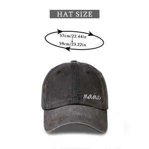 Detailed size chart showing head circumference 57-59cm for washed MAMA embroidery cap