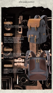 Close-up of waterproof wax canvas and leather details on vintage camera backpack