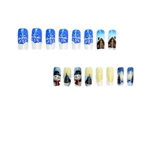 Christmas press-on nails with blue winter landscape, snowman and Christmas tree art
