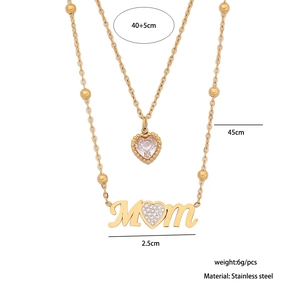 Detail view of double-layer stainless steel Mom necklace with heart pendant and dimensions