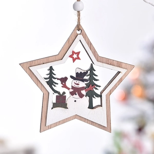 Wooden star Christmas tree ornament with snowman design and rustic hanging string