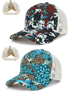 Detail of messy bun baseball caps with ethnic prints and elastic criss-cross pony tail design