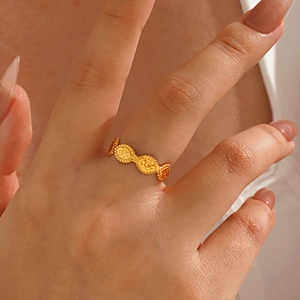 Fashion gold plated stainless steel geometric open ring featuring relief pattern