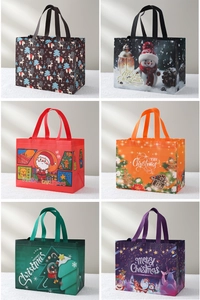 Detailed grid view showing six festive Christmas gift bags with various holiday prints