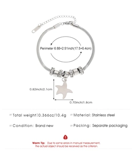 Detail of silver stainless steel snake chain bracelet with zircon beads and star pendant