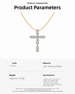 Detailed view of S925 sterling silver cross pendant with pear-cut cubic zirconia crystals