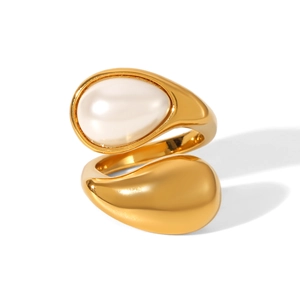 Elegant gold-plated heart-shaped ring featuring a water-drop pearl and minimalist open band