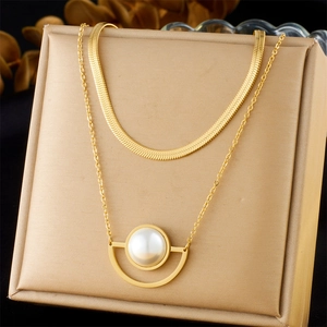 Layered Necklace Gold Plated Stainless Steel Snake Chain With Faux Artificial Pearl Semi Circle Pendant For Women Fashion