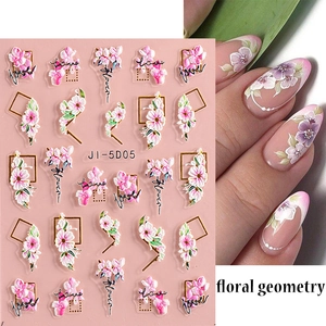 Detail of JI-5D05 pink floral 5D embossed nail stickers with golden geometric accents