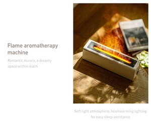 Macro detail of white 3D flame aromatherapy humidifier on a natural wood surface