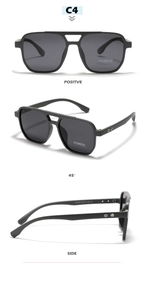 Three views of square matte black TR90 polarized sunglasses with a double bridge design