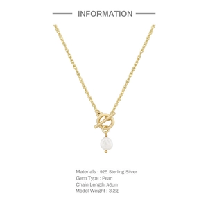 Elegant 925 sterling silver gold necklace featuring a pearl pendant and stylish OT clasp