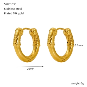 Detail showing 20mm stainless steel earrings with 18k gold plating and thickness specs