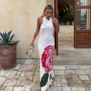 Robe Maxi En Satin À Imprimé Fleuri Dos Nu Col Bénitier Sans Manches Sexy Taille Haute Élégante Robe De Soirée Pour Femmes