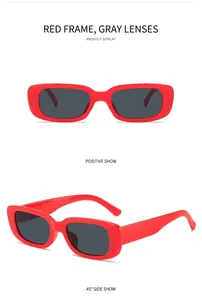 Front and 45-degree side view of vintage red square frame sunglasses with gray lenses