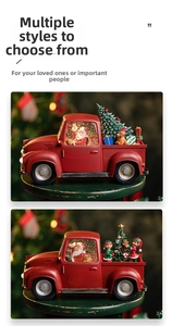 Détail de boîtes à musique camion de Noël vintage rouge avec Père Noël et sapins décorés