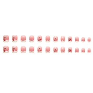 Pink gradient French press-on nails with cute cherry patterns, 24-piece short round set