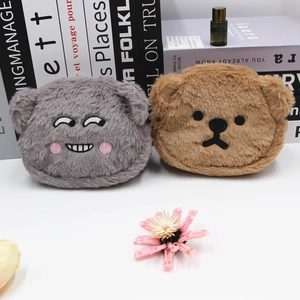 Cute plush bear coin purse set in brown and grey with embroidered smiley faces