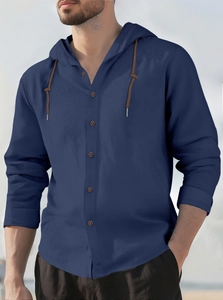 Detail of dark blue linen-cotton hoodie with button placket and brown drawstrings