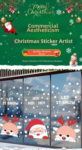 Detail of Christmas UV window stickers showing Santa and snowman on glass