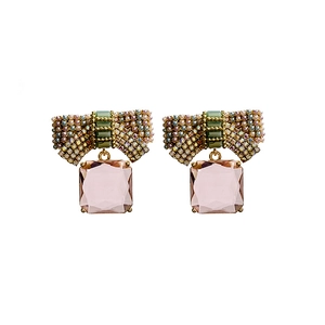 Pink bow earrings with large square crystal pendants in gold plated setting