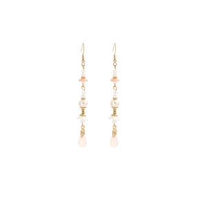 Detailed view of tassel earrings with pink water drop charms and white pearls