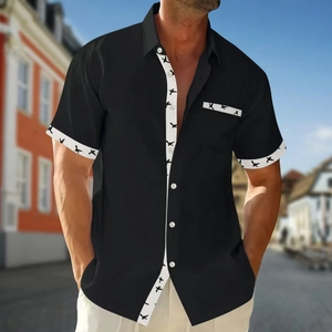 Men's black waffle knit short sleeve shirt with bird print contrast trim and buttons