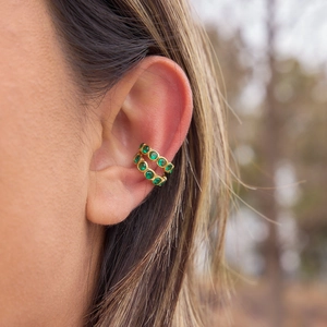 18K gold plated stainless steel double layer ear cuff with green emerald zircon stones
