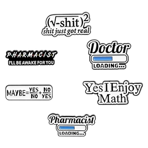 Set of 6 humorous enamel pins featuring math and medical themes in black and white finish