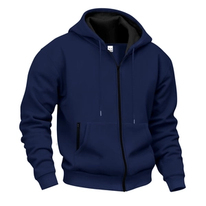 Detail view of navy blue hoodie with metal zipper and soft black thermal fleece lining