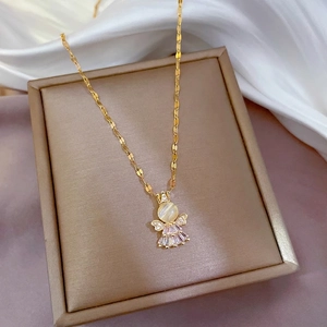 Titanium gold angel necklace with crown, cat eye stone and micro-inlaid zircon pendant
