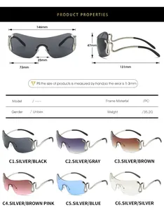 Detailed size chart and specifications for Y2K unisex snake-style metal sunglasses