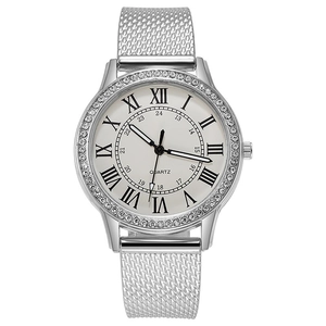 Damen Quarzuhr Vintage Römische Ziffern Strasslünette Leuchtzeiger Legierungs Gehäuse Mesh Metallband Mode