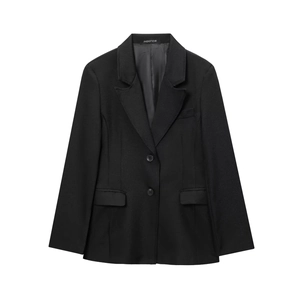 Women's chic black double-breasted blazer dress with flared hem and flap pockets
