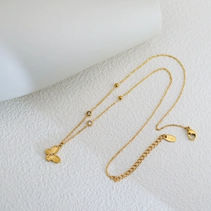 Elegant 18K gold-plated butterfly necklace with sparkling zircon and small beads