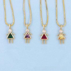 Detailed set of four gold necklaces with girl pendants in green, purple, red, and yellow stones