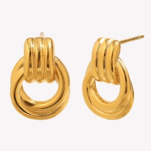 Polished 18K gold plated stainless steel hoop earrings with unique triple-ribbed texture