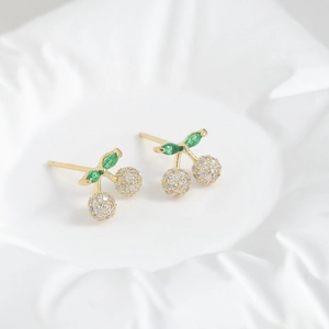 Three pairs of S925 silver cherry stud earrings with green and white cubic zirconia