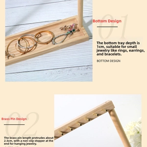 Detailed view of the 1cm deep wooden tray base and anti-slip copper hooks for jewelry