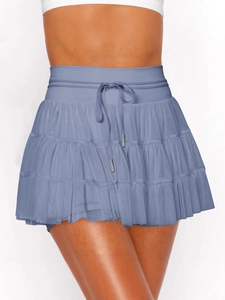 Grey-blue layered lace mesh skort with drawstring waist and inner safety shorts