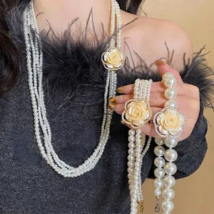 Multi Layer Artificial Pearl Necklace French Retro Camellia Flower Pendant Rhinestone Alloy Elegant Jewelry For Women