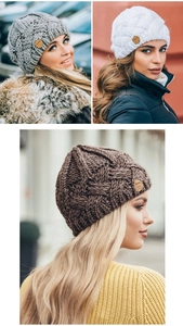 Detail of diamond pattern chunky knit beanies with decorative leather patches