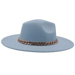 Detail of light blue wool fedora with a decorative chunky gold acrylic chain band