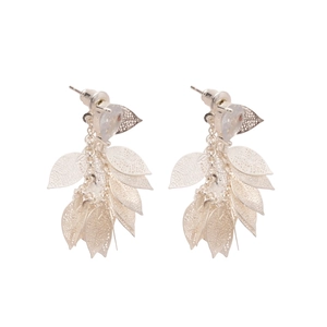 Silver leaf filigree dangle earrings with sparkling zircon crystals in a minimalist style