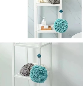 Hanging chenille hand towel ball in soft turquoise microfiber with absorbent texture