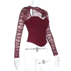 Detail of wine red lace corset top with hollowed-out neckline and sheer sleeves