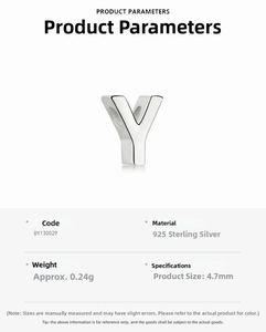 Macro shot of 925 sterling silver heart-shaped letter Y pendant with dimensions