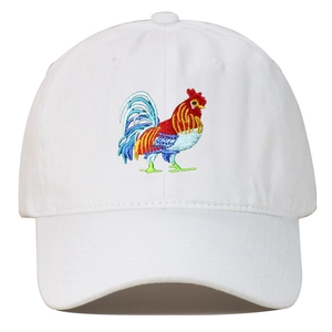 White washed cotton baseball cap with detailed colorful rooster embroidery on the front